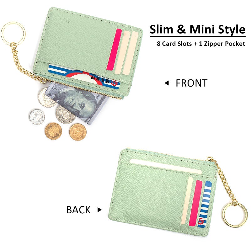 Valentoria Slim RFID Blocking Card Holder Small Pocket Wallet Keychian Zipper Coin Purse Minimalist Leather Cash & Coin & Cards Case for Women Men (Green) - Image 2